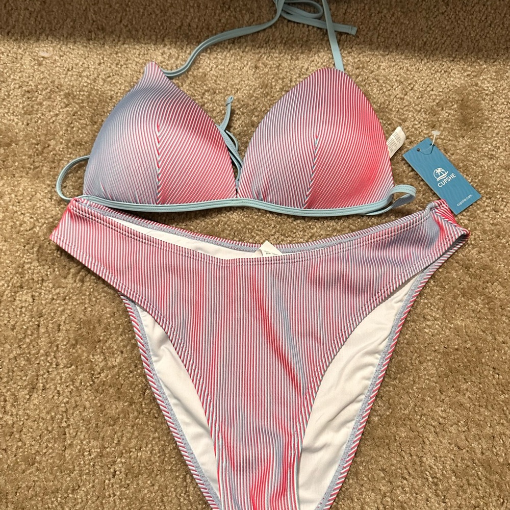 CUPSHE pink and blue ribbed bikini